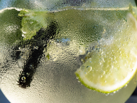 Macro shot of Coctail Mojito with green mint leaves, white rum, lime, lemon, soda and ice cubes....