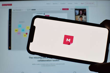 Smart phone with the Mural logo is a digital workspace for visual collaboration. United States, Texas November 7, 2020のeditorial素材