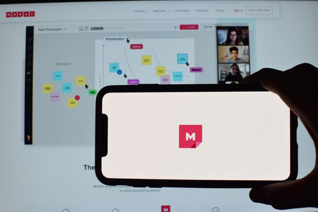 Smart phone with the Mural logo is a digital workspace for visual collaboration. United States,...
