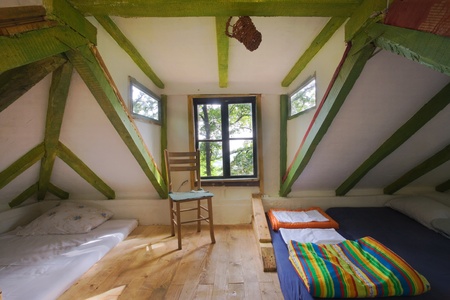 Interior of a wooden house, country life in Serbia. Traditional style.の写真素材