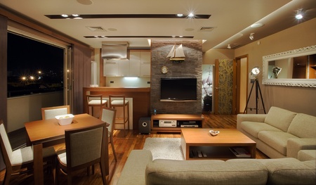 Modern interior of an apartment with handmade furniture and lighting equipment.の写真素材