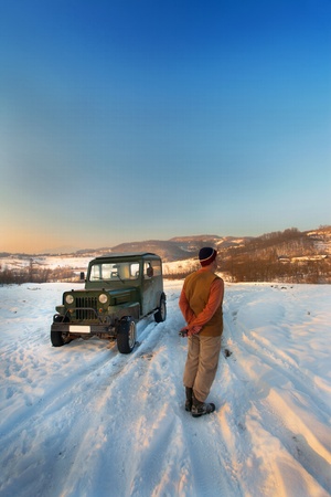 Alone man in nature, part of the Jelica mountain, Central Serbia, winter season 2011.の写真素材