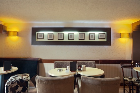 Interior of a modern cafe, furniture, lighting equipment and decoration. の写真素材