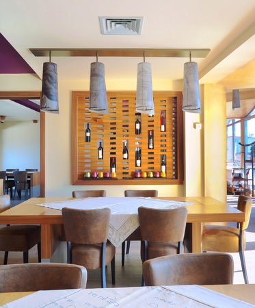 Part of a restaurant interior, drinks and lamps as decoration. の写真素材