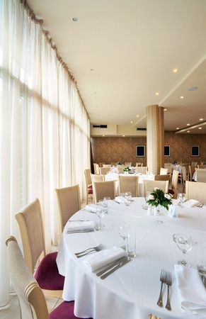 Interior of a restaurant prepared for wedding ceremony. の写真素材