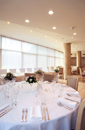 Interior of a restaurant prepared for wedding ceremony. の写真素材