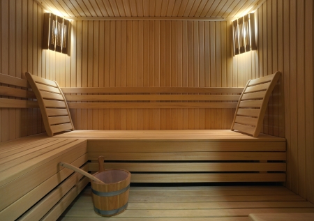 Interior of a hotel sauna, modern wooden design. の写真素材