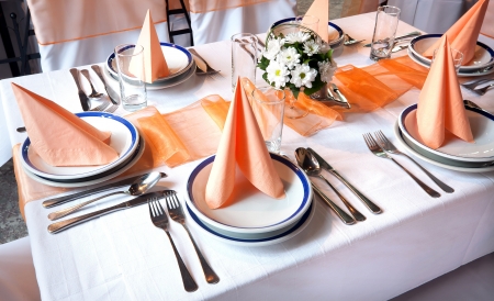 Interior of a restaurant prepared for party or wedding ceremony. の写真素材