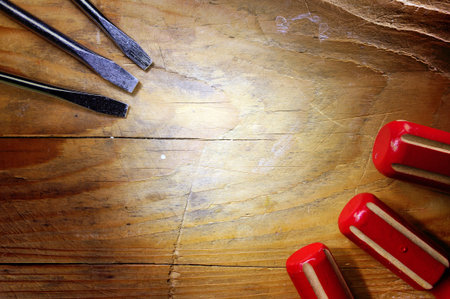 Wooden background with tools on it, vintage design  の写真素材