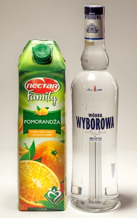 Cacak, Serbia - May 20, 2013: Orange Juice and Wyborowa Wodka, studio isolated. のeditorial素材