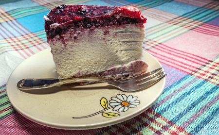Cheese cake details, fruits on the top, strawberries, raspberries, blueberries  の写真素材