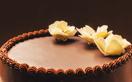 All chocolate birthday cake, on brown background, decorated with yellow flowers on top  の写真素材