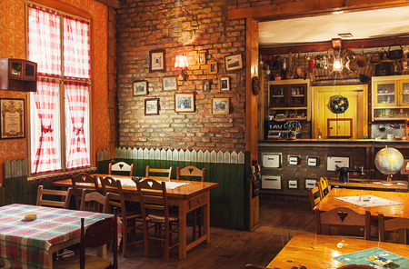 Cacak, Serbia - December 06, 2014: Cafe and restaurant interior, Serbian ethnic vintage design.のeditorial素材
