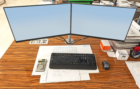 Office accessories modern equipment details table closeup.の写真素材