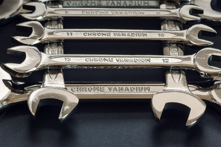 Wrenches in square order, various sizes, whole set details.の写真素材
