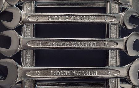 Various sizes of metal wrenches, abstract details of a set.の写真素材