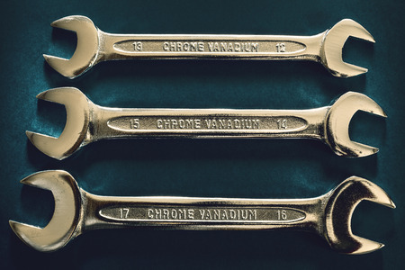 Composition of three parallel wrenches, made of steel, various sizes.の写真素材