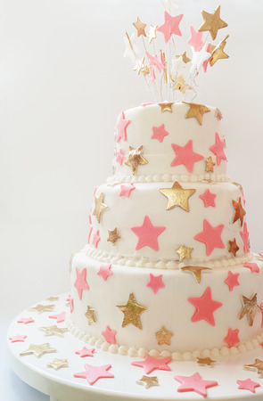 Birthday cake decorated with stars made of sugar.の写真素材