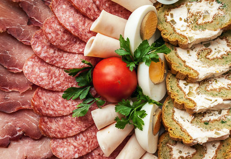 Different kind of meat products on plate, served for a party.