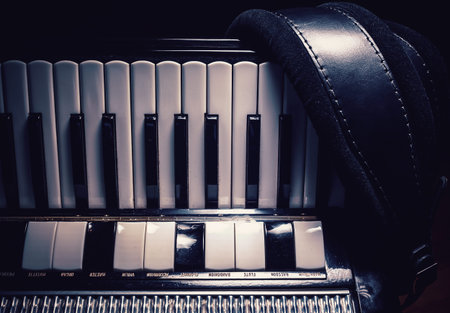 Details of an old accordion, closeup view.
