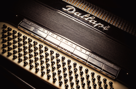 Cacak, Serbia - March 23, 2016: Famous Italian accordion Mariano Dallape & Figlio, model Supermaestro, year of production 1964.のeditorial素材
