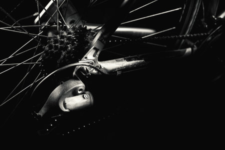Part of a sport and modern bicycle in dark, accentuated shapes with lights.