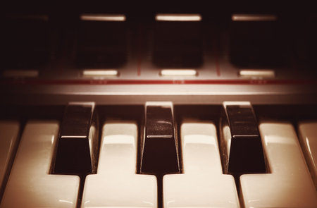 Details of a modern synthesizer keys, closeup view.