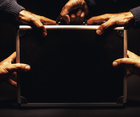 Male hands are holding a suitcase, conceptual composition about safety or confidence.