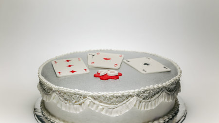 Design and decoration of a 70 birthday cake, with gambling cards on top.
