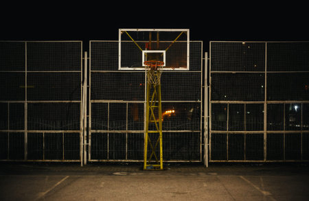 The basketball court during night, view on basketball hoop and fence.の写真素材