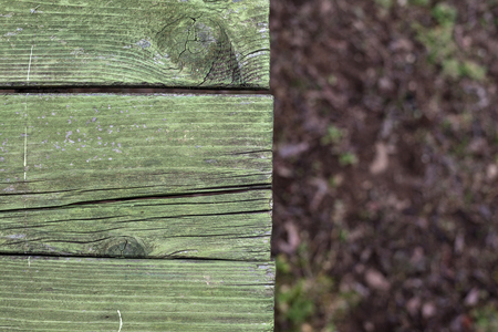 Details of an old wooden plank colored in green, ground in blurry background.の写真素材