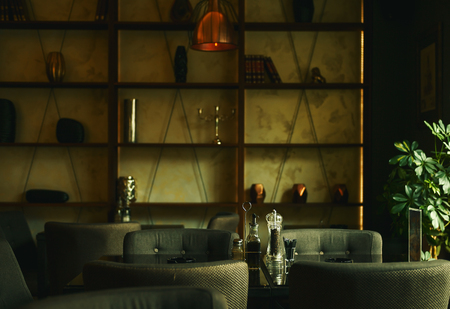 Modern restaurant interior, focus on one table with accessories, calm atmosphere in blurry background.の写真素材
