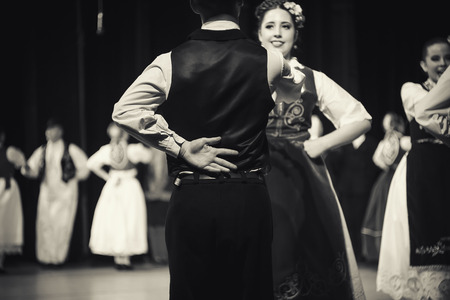 Cacak, Serbia - February 26, 2017: Special moments from 18th Festival of Serbian Folklore ensembles held in Dom Kulture Cacak, cultural institution. Best 16 amateur ensembles from all around Serbia came to dance and compete.のeditorial素材