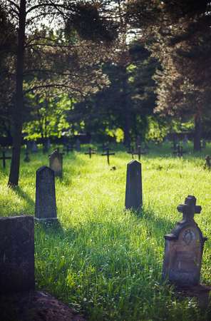 Details of an old Christian graveyard in park, during spring.の写真素材