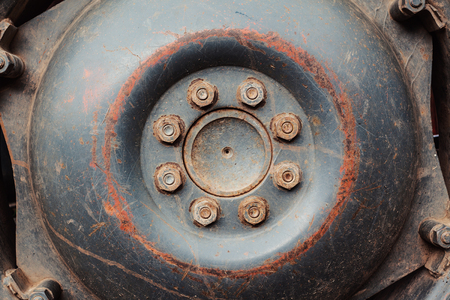 Closeup view on tractor's wheel, details of structure.の写真素材