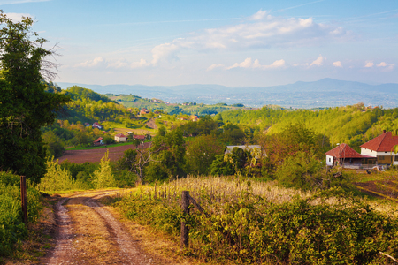 Serbian village landscape, spring time during day.の写真素材