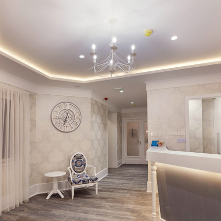 Interior of a modern and new hotel, details of reception room, desk and furniture design.の写真素材