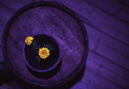 One vase with yellow flowers in wooden barrel and floor, view from above, night scene.の写真素材