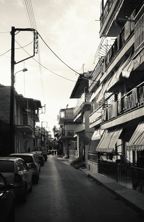 Streets of Stavros town in Greece in black and white, summer season late afternoon.の写真素材