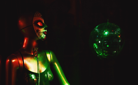 Conceptual composition, design of sex shop window, puppet wearing sexy clothes.の写真素材