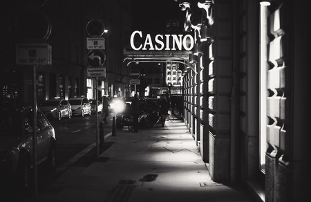 Graz, Austria - November 09, 2017: Main street of Graz, big Casino entrance in black and white.のeditorial素材
