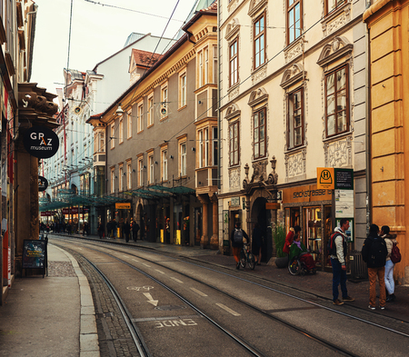 Graz, Austria - November 10, 2017: Street of Graz, architectural and infrastructural details.のeditorial素材