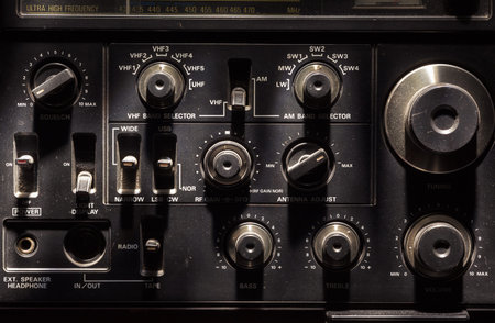 Old radio transmitter and receiver details, closeup view. 