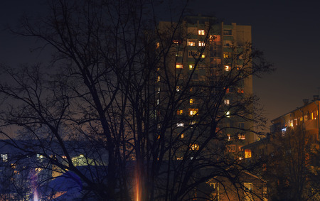 Scene from one small Balkan town by night, during early winter season. の写真素材