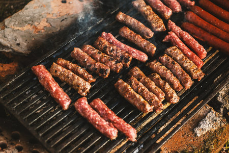 Barbecues and sausages on the grill, details from the picnic.