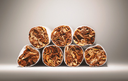 Conceptual composition about smoking cigars, consuming tobacco as unhealthy habit.の写真素材