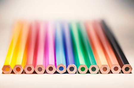 Various colorful wooden pencils on white background.の写真素材