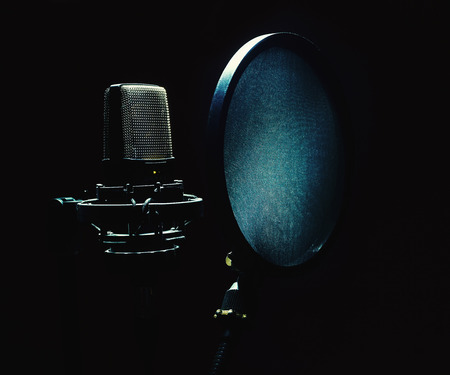 In front of a modern condenser microphone and popup filter.の写真素材