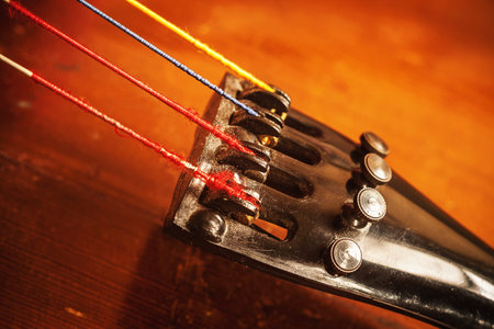 Details of an old dusty cello, closeup view on strings and body.