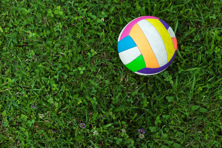 Just one colorful volleyball on grass, closeup view.の写真素材